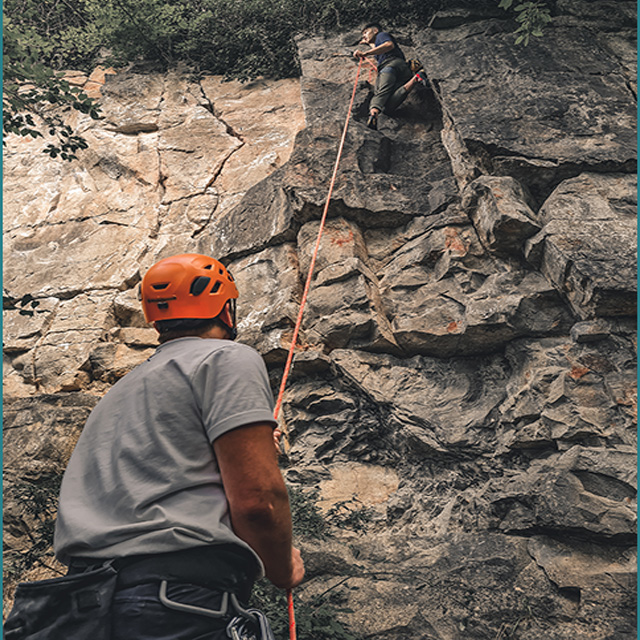 An orange Mammut 9.8MM 60M crag classic rope